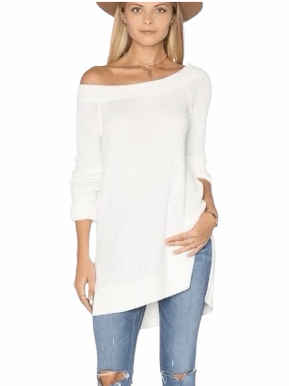 We The Free Free People Waffle Off-shoulder Thermal Tunic Top Ivory